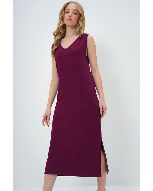 Trend Alaçatı Stili Purple Burgunderrotes, Gestricktes Sommerkleid Mit V-Ausschnitt Und Dicken Trägern Und Schlitz – Für Damen