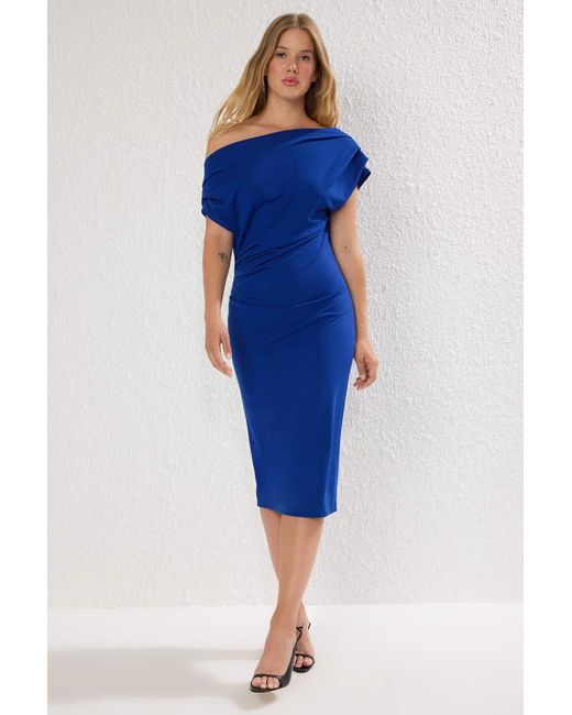 Trendyol Blue Saks Midi-Kleid Mit Raffung/Drapierung Und Detailliertem Strickkleid Für Damen