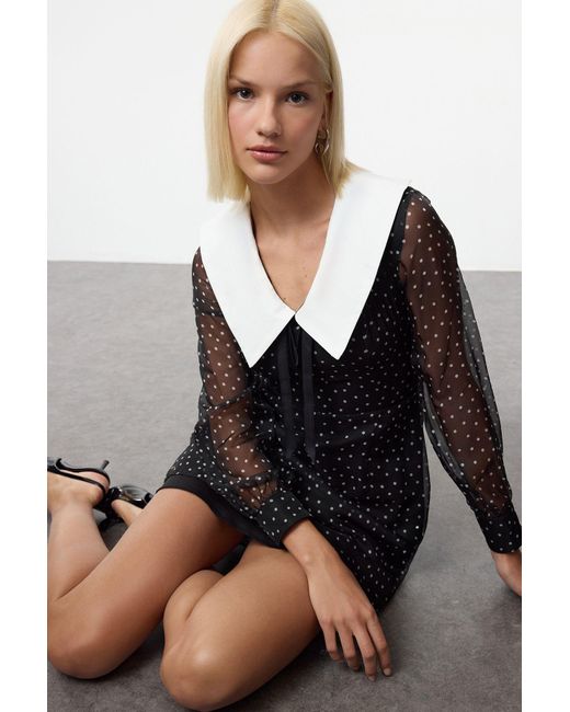 Trendyol Black Schwarzes Chiffon-Mini-Webkleid Mit Revers Und Schleife Für Damen