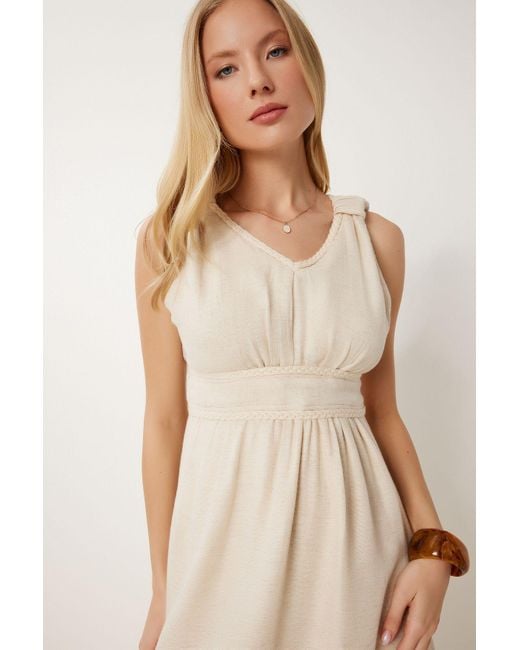 Happiness İstanbul Natural Cremefarbenes Gestricktes Gestreiftes Sommer-Leinenkleid Für Damen
