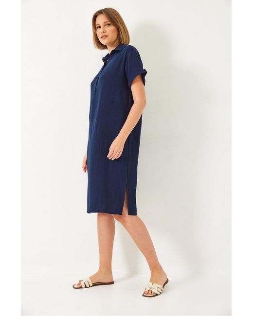 Bianco Lucci Blue Sommerkleid Aus Lockerem Musselin Mit Polokragen 70222 Für Damen