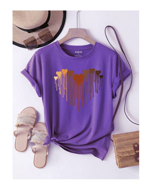 uyguntarz Purple Bedrucktes T-Shirt Mit Schmelzenden Herzen