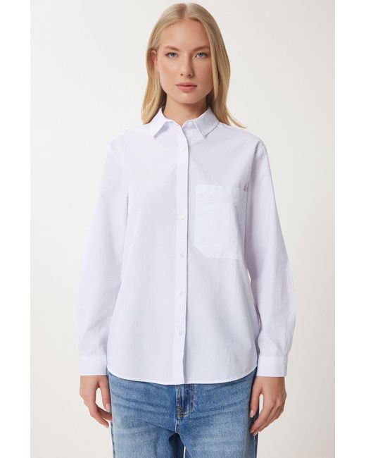 Happiness İstanbul White Weiße Asymmetrische Fiktion Mit Details Für Gewebtes Hemd Für Damen