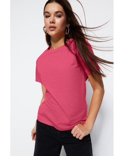Trendyol Pink 001 Basic-Strick-T-Shirt Mit Rundhalsausschnitt Aus 100 Baumwolle Für Damen