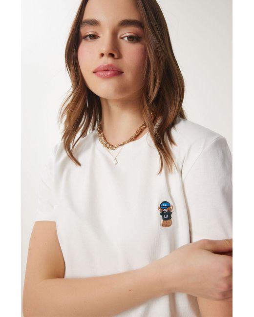 Happiness İstanbul Multicolor Teddybär Besticktes Baumwoll-Strick-T-Shirt Für Damen