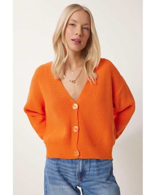 Happiness İstanbul Orangefarbene Strickjacke Mit V-Ausschnitt Und Knöpfen Für Damen