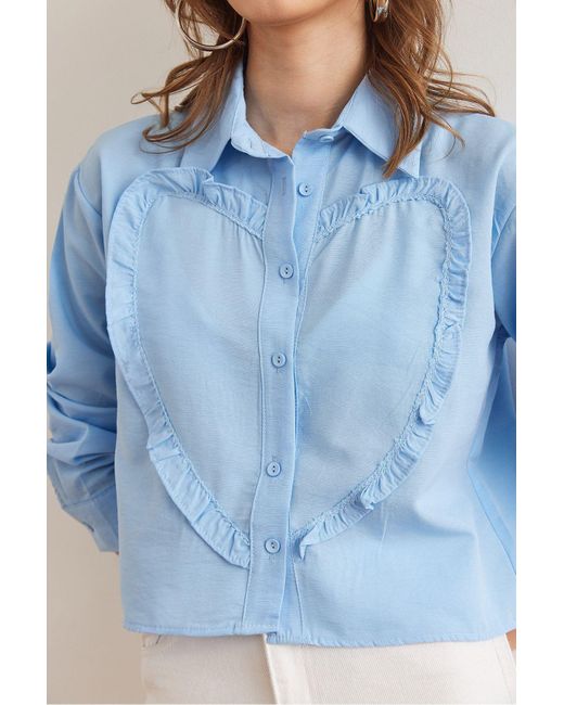 Olalook Blue Blaues, Detailliertes, Gewebtes Crop-Shirt Mit Herzmuster Gml- 19001302 Für Damen