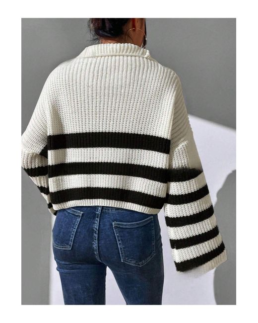 Know Blue Schwarz Gestreifter Weißer Strickpullover – Halber Reißverschluss, Schulterfrei Für Damen