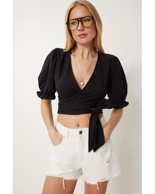 Happiness İstanbul Black Schwarze Bluse Mit Schnürung Und Detailliertem Crop-Leinenmuster Für Damen