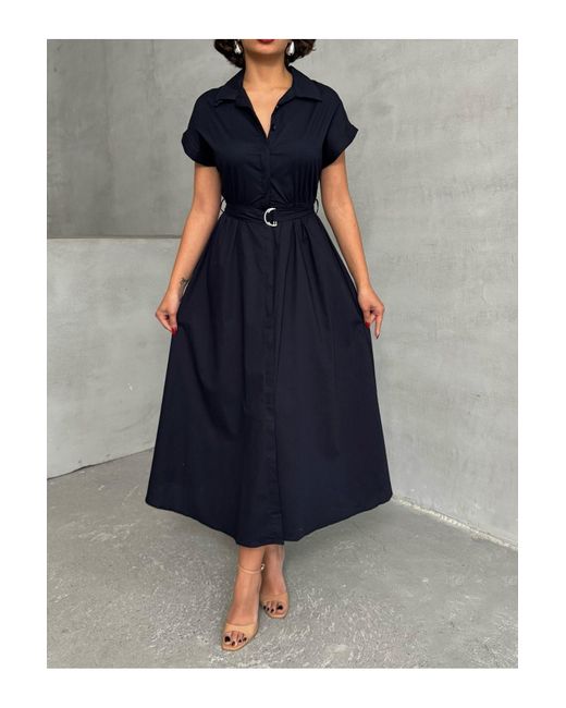 BEJNA Gray Marineblaues, Elastisches Hemdkleid Mit Gürtel Für Damen