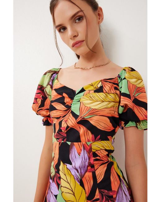 Happiness İstanbul Orangefarbenes, Schwarzes, Gemustertes Sommer-Viskosekleid Für Damen
