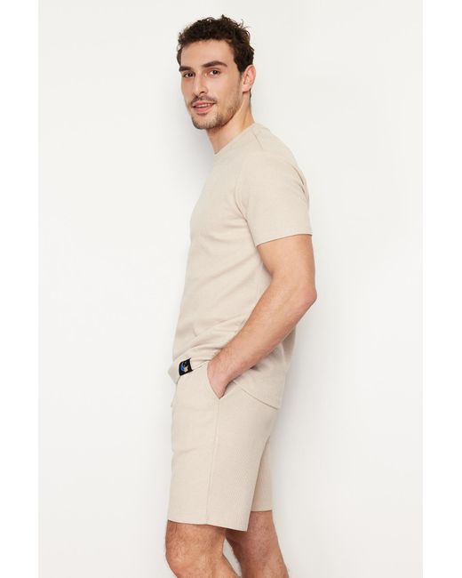 Trendyol Farbenes pyjama-set mit waffelstrick-shorts und normaler passform in Natural für Herren