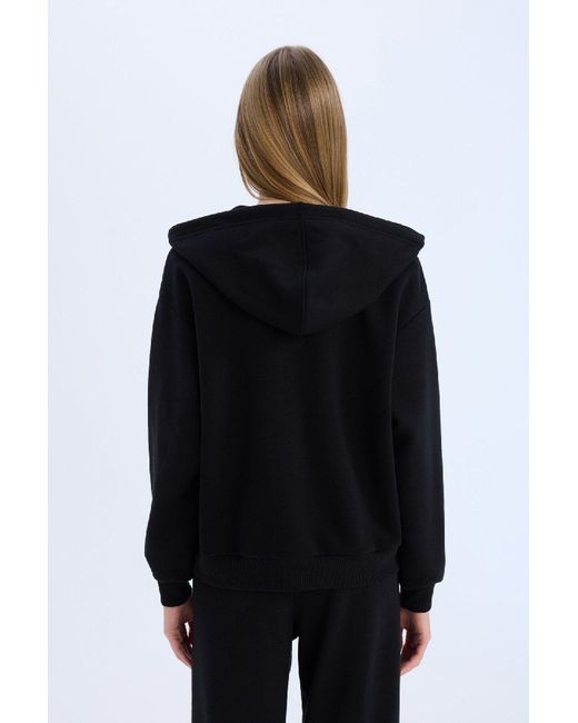 Defacto Black Back To School Relax Fit Kapuzenpullover, Dickes Basic-Sweatshirt Mit Gerader Tasche Und Reißverschluss, Für Damen