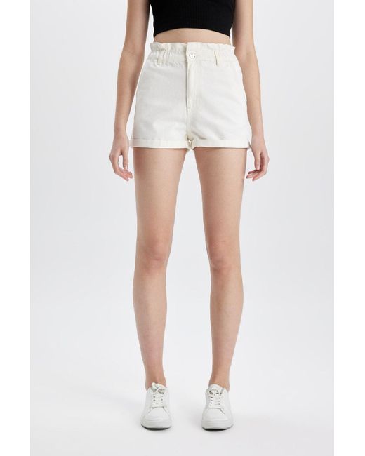 Defacto White Jeansshorts Mit Hoher Taille Und Gefaltetem Paperbag-Schnitt C2434Ax24Hs Für Damen