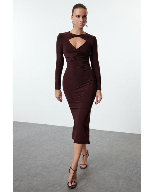 Trendyol Purple Braunes, Figurbetontes, Gestricktes, Stilvolles Abendkleid, Nachtabendkleid Für Damen