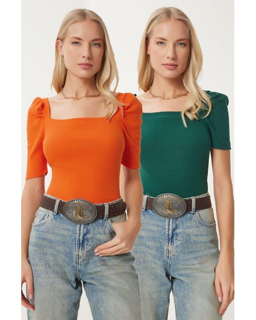 Happiness İstanbul Orange Bluse Mit Geripptem Ausschnitt, 2Er-Pack, - Für Damen