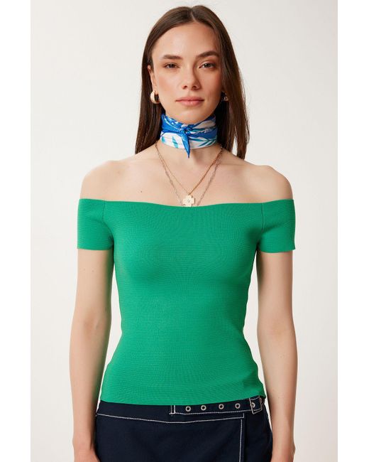 Happiness İstanbul Green Dunkelgrüne Sommer-Strickbluse Mit U-Boot-Ausschnitt Für Damen