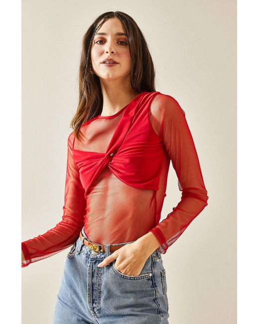 XHAN Red E transparente bluse mit rundhalsausschnitt und knoten -04