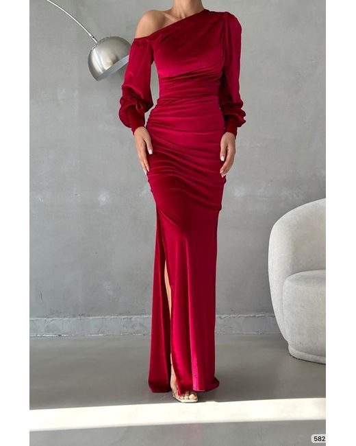 Deafox Red Burgunderfarbenes One-Shoulder-Open-Detail-Maxikleid Aus Samtstoff Mit Langen Ärmeln Für Damen