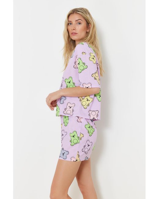 Trendyol Multicolor Lilafarbenes, es strick-pyjama-set aus 100 % baumwolle mit teddybär-muster