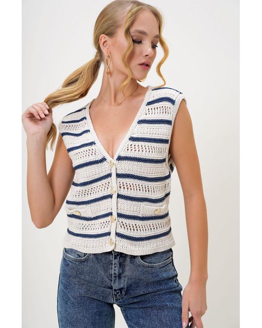 Trend Alaçatı Stili Multicolor Marineblaue, Durchbrochene Strickweste Mit V-Ausschnitt Und Knöpfen Für Damen