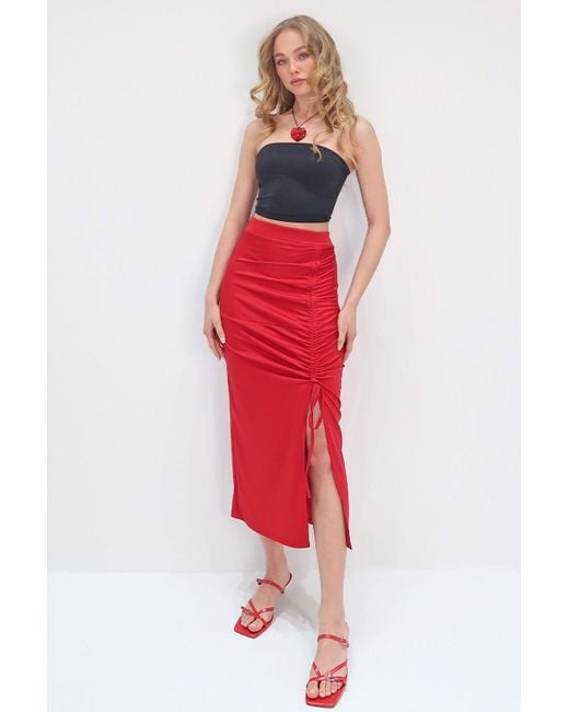 Trend Alaçatı Stili Red Roter Verstellbarer Tauchrock Maxi-Länge Für Damen