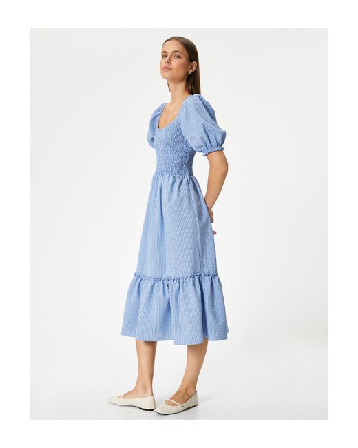 Koton Blue Midi-Kleid Mit U-Ausschnitt Und Ballonärmeln – Gipeli-Design Für Damen