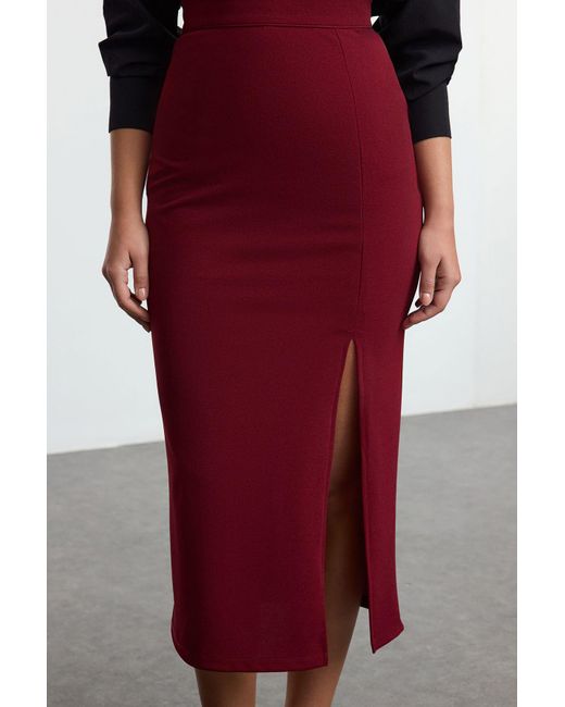 Trendyol Red Flexibler Weinroter Maxirock Mit Hoher Taille – Schlitzdetail, Smart Knitted Für Damen
