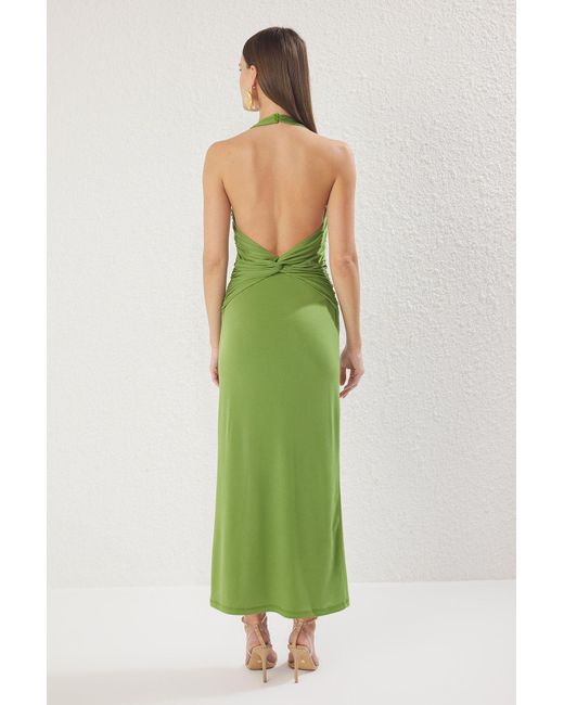 Trendyol Green Ölgrünes, Schlichtes Strickkleid Mit Kordelzug/Drapierung, Midi-Twist-Detail, Dehnbar, Für Damen