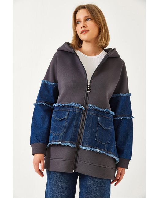 Bianco Lucci Blue Strickjacke Mit Denim-Taschendetail Und Drei Fäden Für Damen