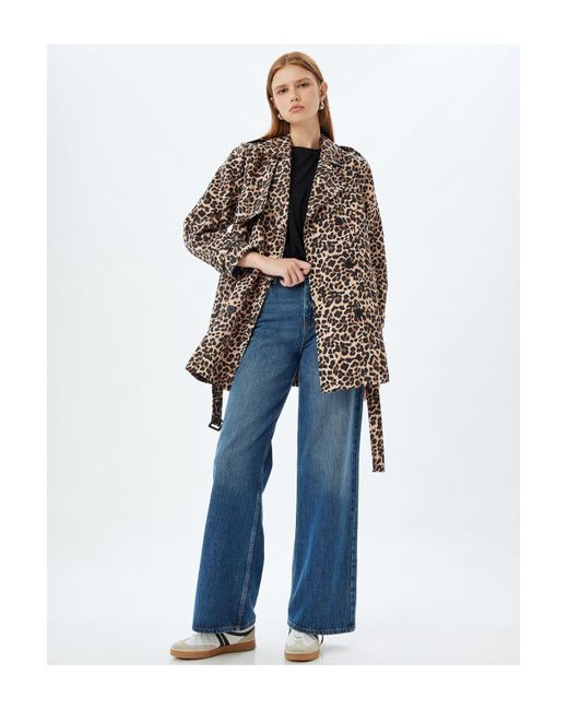 Koton Brown Zweireihiger Trenchcoat Mit Gürtel Und Leopardenmuster Für Damen