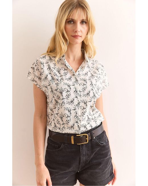 Olalook Natural Little Flower Flared Linen Content Bat Shirt Für Damen
