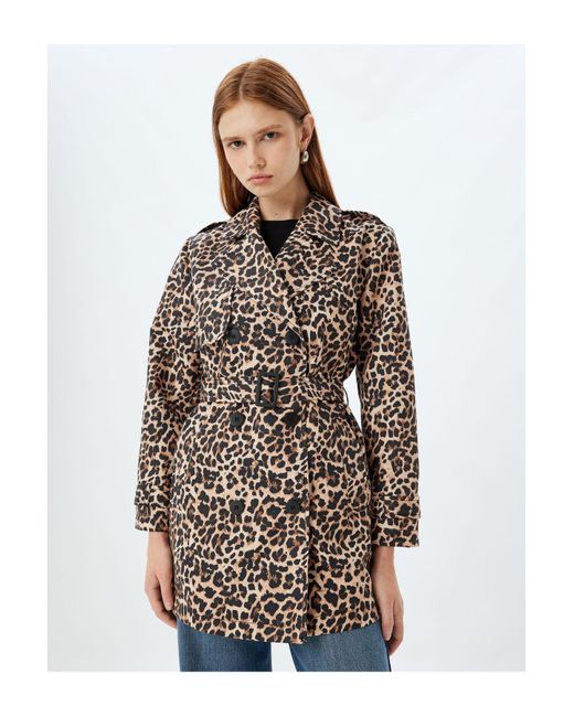 Koton Brown Zweireihiger Trenchcoat Mit Gürtel Und Leopardenmuster Für Damen