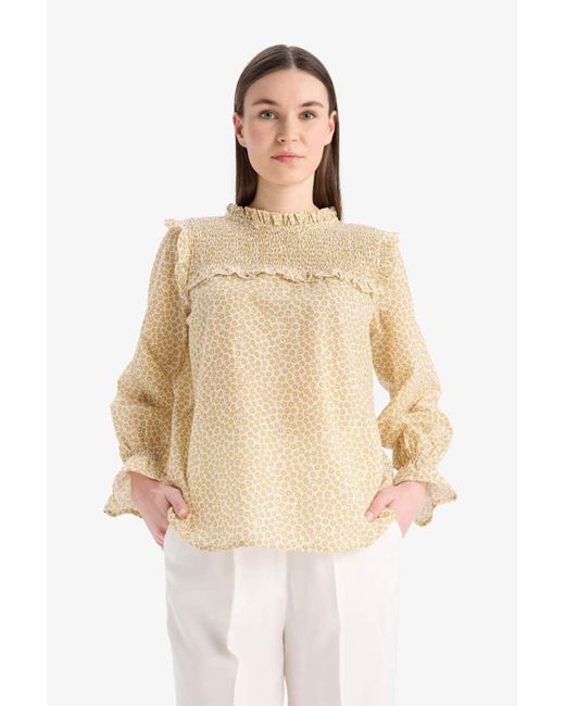 Defacto Natural Reguläre Passform, Gemusterter Rüschenkragen, Voile, Langärmelige Hijab-Blusen-Tunika E7966Ax25Sm Für Damen