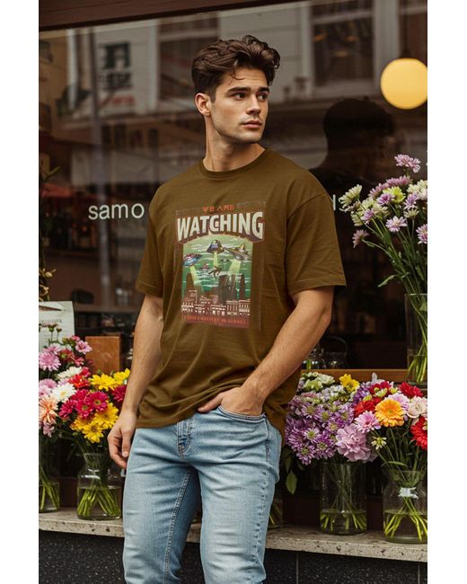 Trendyol Senffarbenes Oversize/Wide Cut T-Shirt Mit Space-Print Aus 100 Baumwolle Mit Vintage-/Faded-Effekt Für Herren in Green für Herren