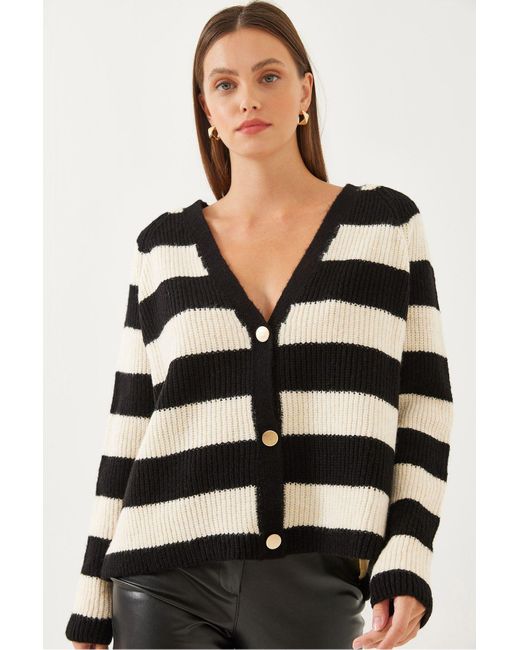 Bianco Lucci Black Gestreifter Strick-Cardigan Mit Drei Knöpfen Für Damen
