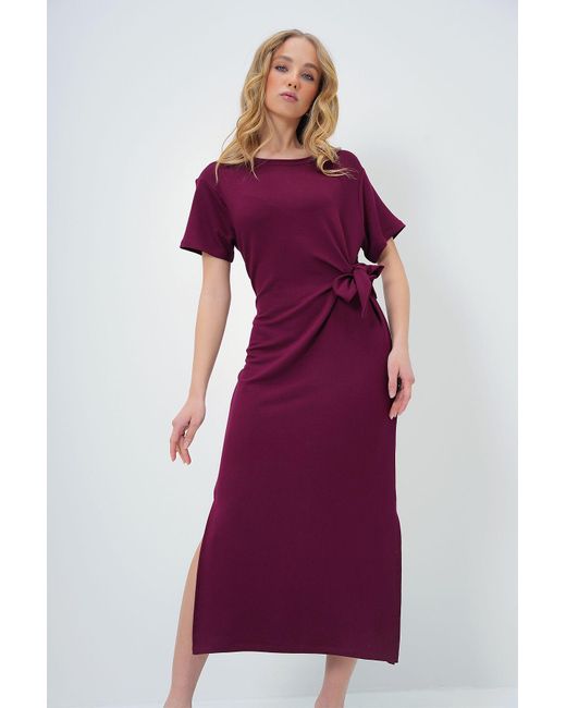 Trend Alaçatı Stili Purple Burgunderfarbenes, Kurzärmliges, Gestricktes Sommerkleid Mit Rundhalsausschnitt Und Bindedetail – Für Damen