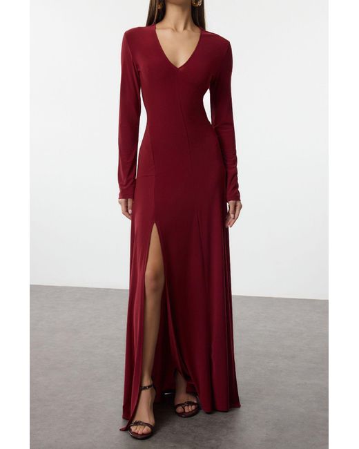 Trendyol Red Burgunderrotes, Flexibles Maxi-Strickkleid Mit V-Ausschnitt – Skater-Stil, Limitierte Edition Für Damen