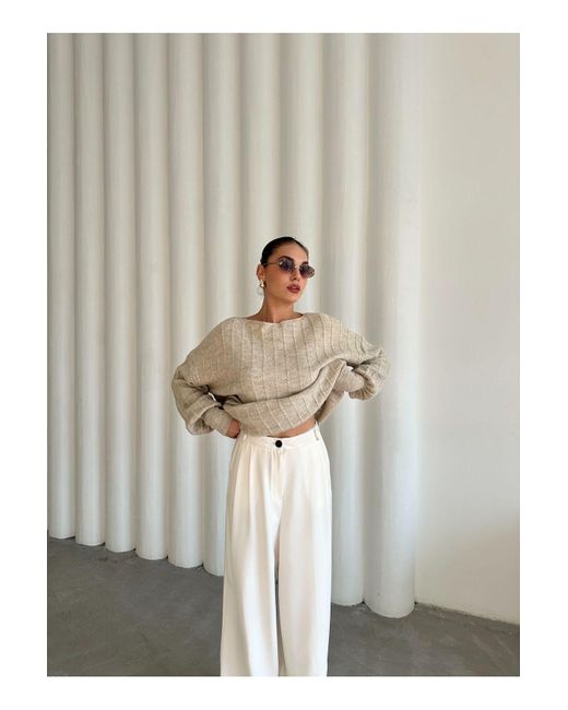 Laluvia Natural Hellbeiger, Gerippter Oversize-Pullover Mit Bateau-Ausschnitt Für Damen