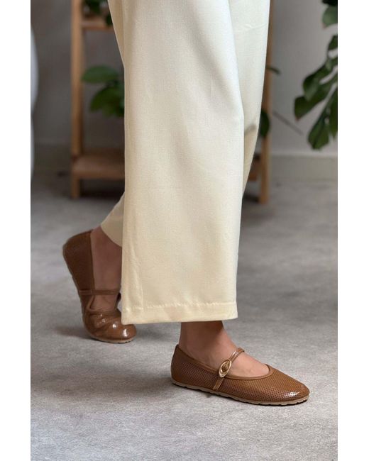 NİŞANTAŞI SHOES Gray Bonbon Caramel Matte Belt Detaillierte Flache Sohle Babet Für Damen