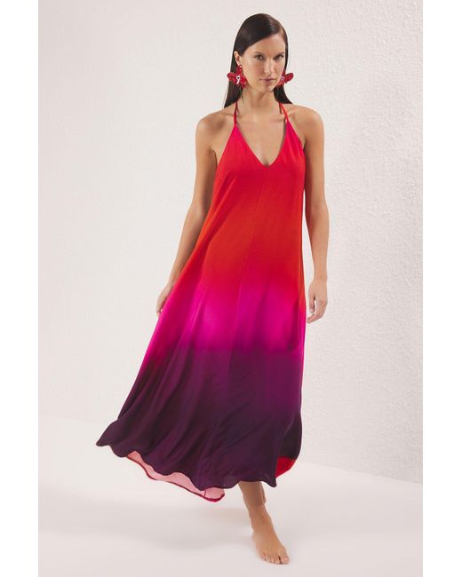 Trendyol Pink Abstraktes, Gemustertes Maxi-Strandkleid Mit Gewebter Rückenausschnitt Für Damen