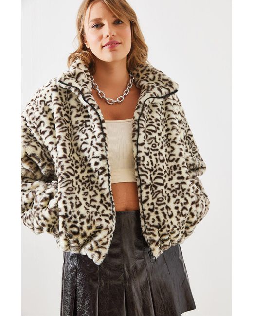 Bianco Lucci Natural Mantel Aus Kunstfell Mit Leopardenmuster – 2426 Für Damen