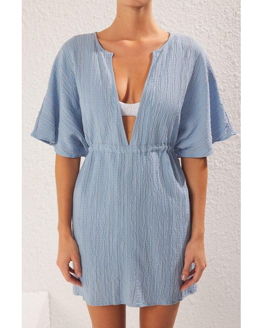 Trendyol Blue Blaues, Gewebtes Strandkleid Mit Kordelzug Und Details Für Damen