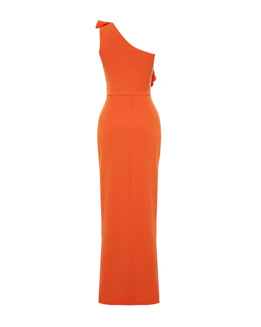 Trendyol Orange Farbenes, langes abendkleid aus gewebtem stoff mit volants und einem ärmel