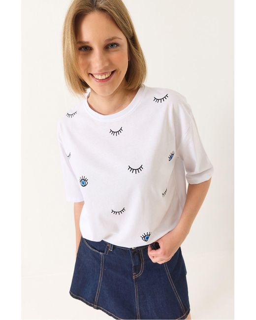Bianco Lucci White T-Shirt Aus Baumwolle Mit Kurzen Ärmeln Und Augenmuster