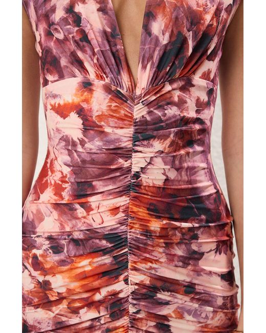 Trendyol Red Dusty Rose Bedrucktes, Figurbetontes, Gerafftes, Detailliertes, Gestricktes, Dehnbares Midi-Bleistiftkleid Für Damen