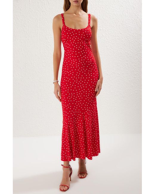 Trendyol Red Dehnbares, Geripptes, Rotes, Gepunktetes Maxi-Bleistiftkleid Mit Hosenträgern Für Damen