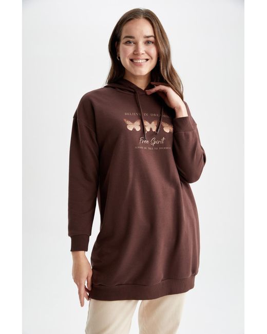 Defacto Brown Oversize-fit-sweatshirt-tunika mit rundhalsausschnitt und slogan-print