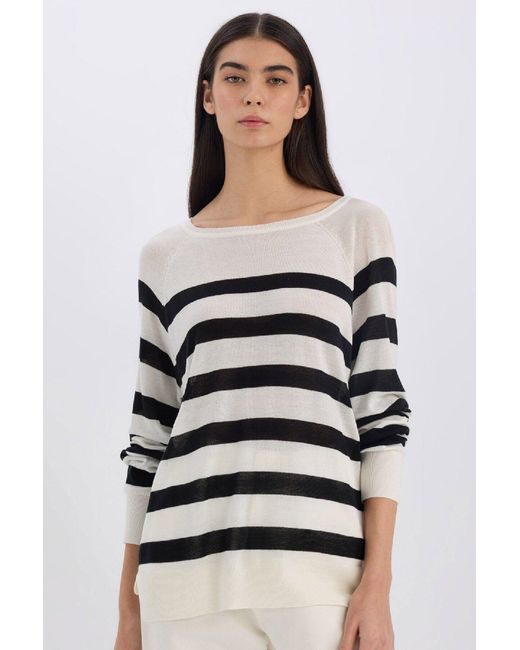 Defacto Black Gestreifter Strickpullover Mit Normaler Passform Und U-Boot-Ausschnitt Für Damen