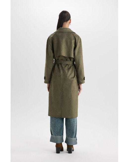 Defacto Green Normale Passform, Smoking-Revers, Langer Wildleder-Trenchcoat Mit Gürteltasche Für Damen